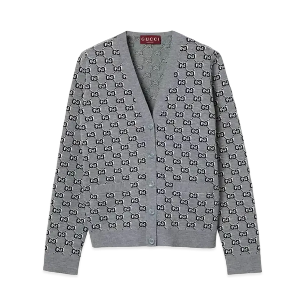 GUCCI Wool Jacquard Cardigan with GG Shadow "Gray/Multicolor"