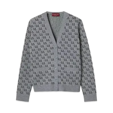 GUCCI Wool Jacquard Cardigan with GG Shadow "Gray/Multicolor"