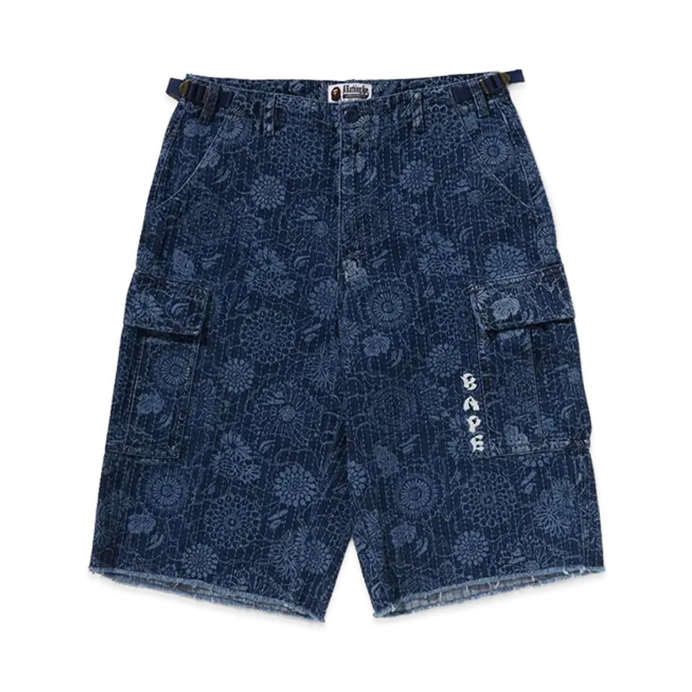 A BATHING APE Japanese Indigo Art Camo Jungle Denim Relaxed Fit Cargo Shorts "Indigo"