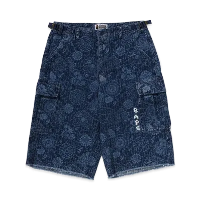 A BATHING APE Japanese Indigo Art Camo Jungle Denim Relaxed Fit Cargo Shorts "Indigo"