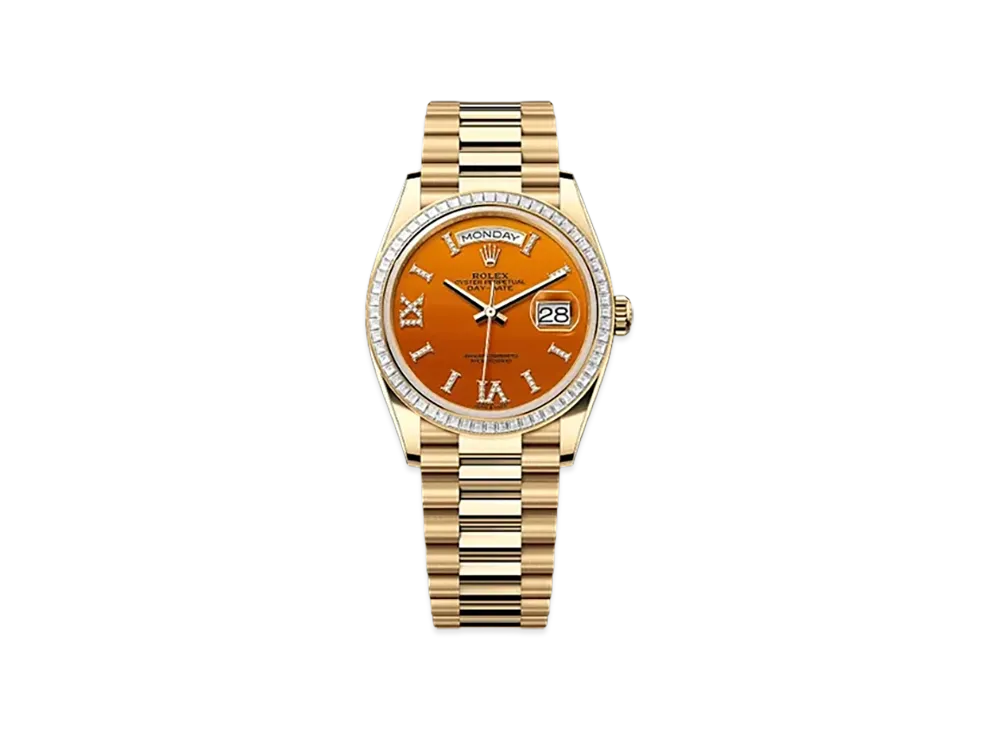 ROLEX Day-Date 36mm Yellow Gold Diamond 128398TBR "Carnelian"