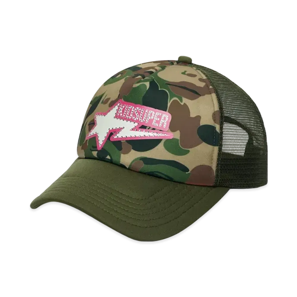 A BATHING APE Bape x Kidsuper Bape Sta Logo Rhinestone Trucker Cap "Green"