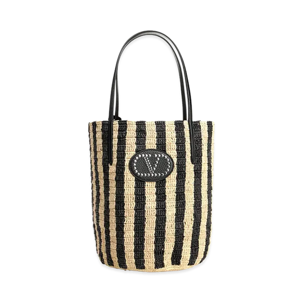 Valentino Women's Bucket Bag Vlogo Signature Crochet Rafia /Vac.Liscia/Vit.St. "Striped/Black"