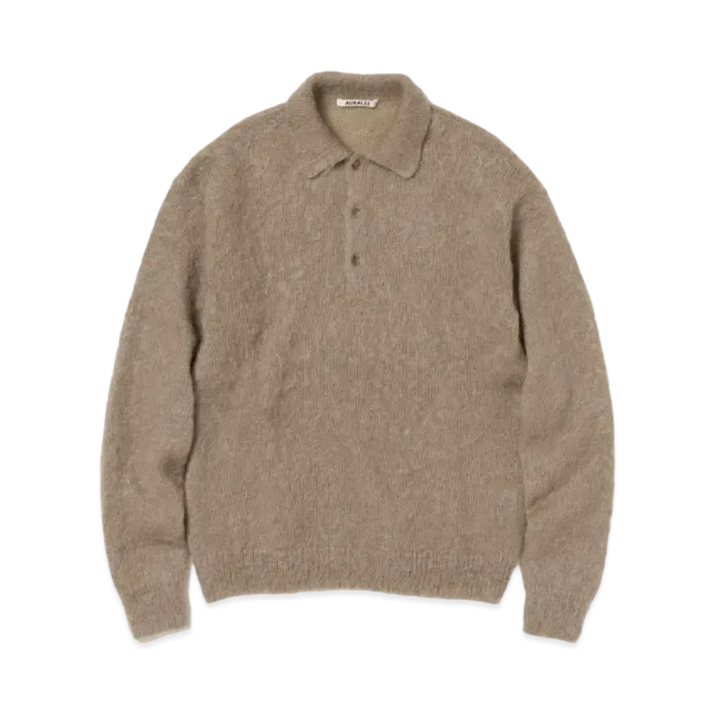 AURALEE Brushed Super Kid Mohair Knit Polo "Gray Beige"