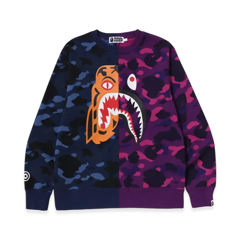 A BATHING APE Color Camo Tiger Shark Crewneck Sweatshirt "Navy"