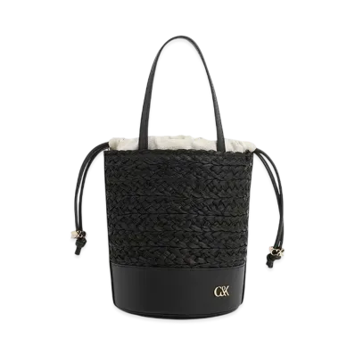 CHARLES & KEITH Leather & Raffia Bucket Bag "Black"