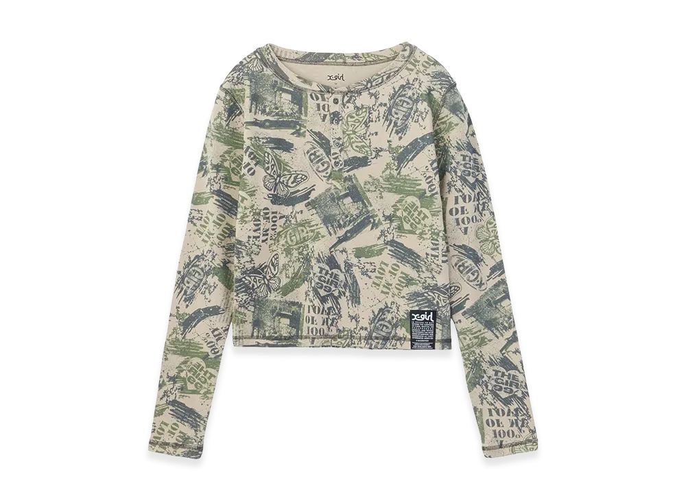 X-Girl Women's Brushed Collage Graphic Henley Neck L/S Compact Top "Beige"
