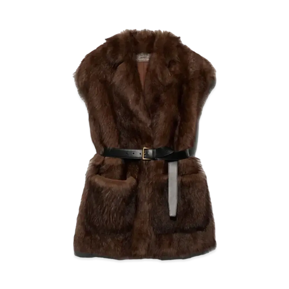 PRADA Women's Belted Shearling Vest "Dark Brown"