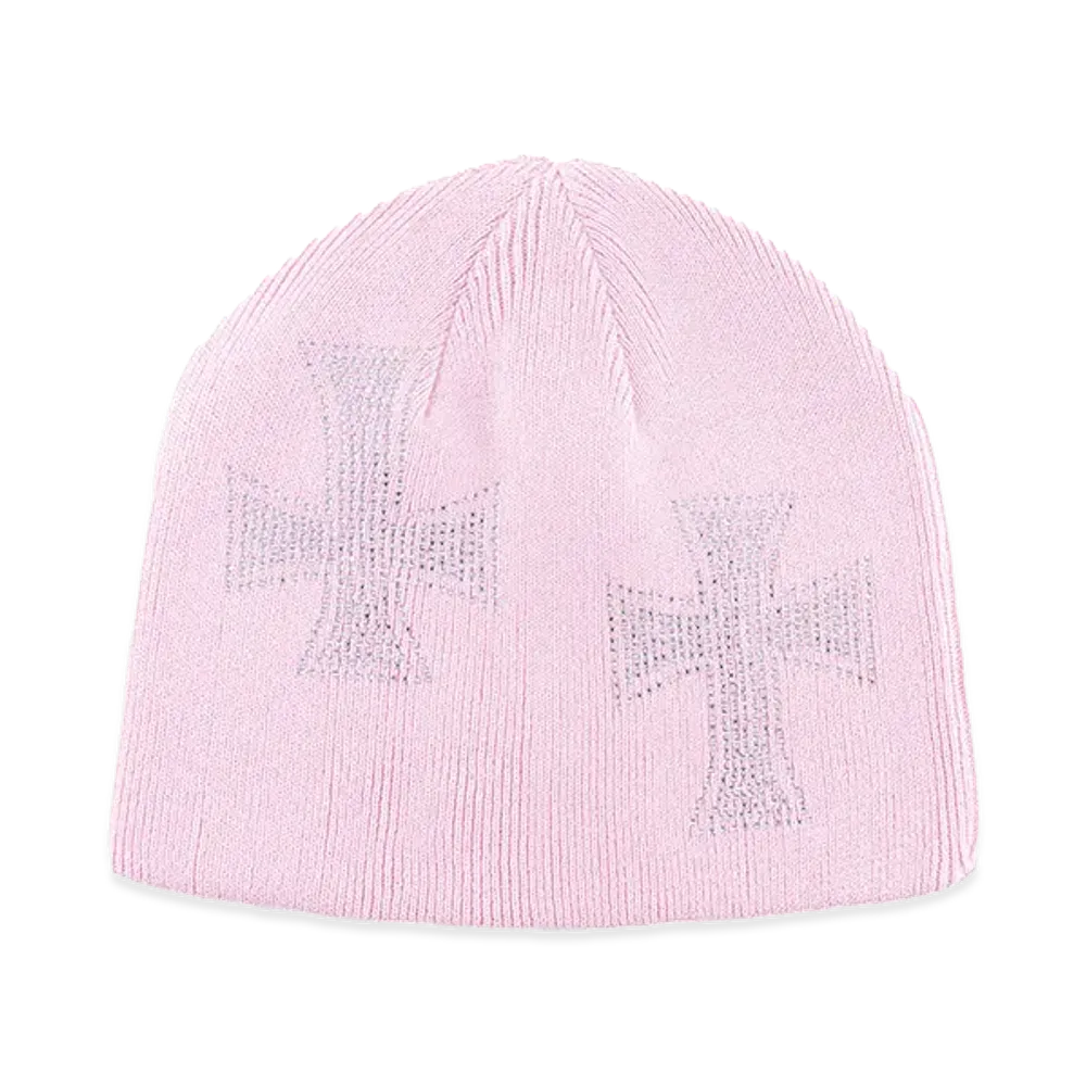 Unknown London Cross Rhinestone Beanie "Pink/Silver "