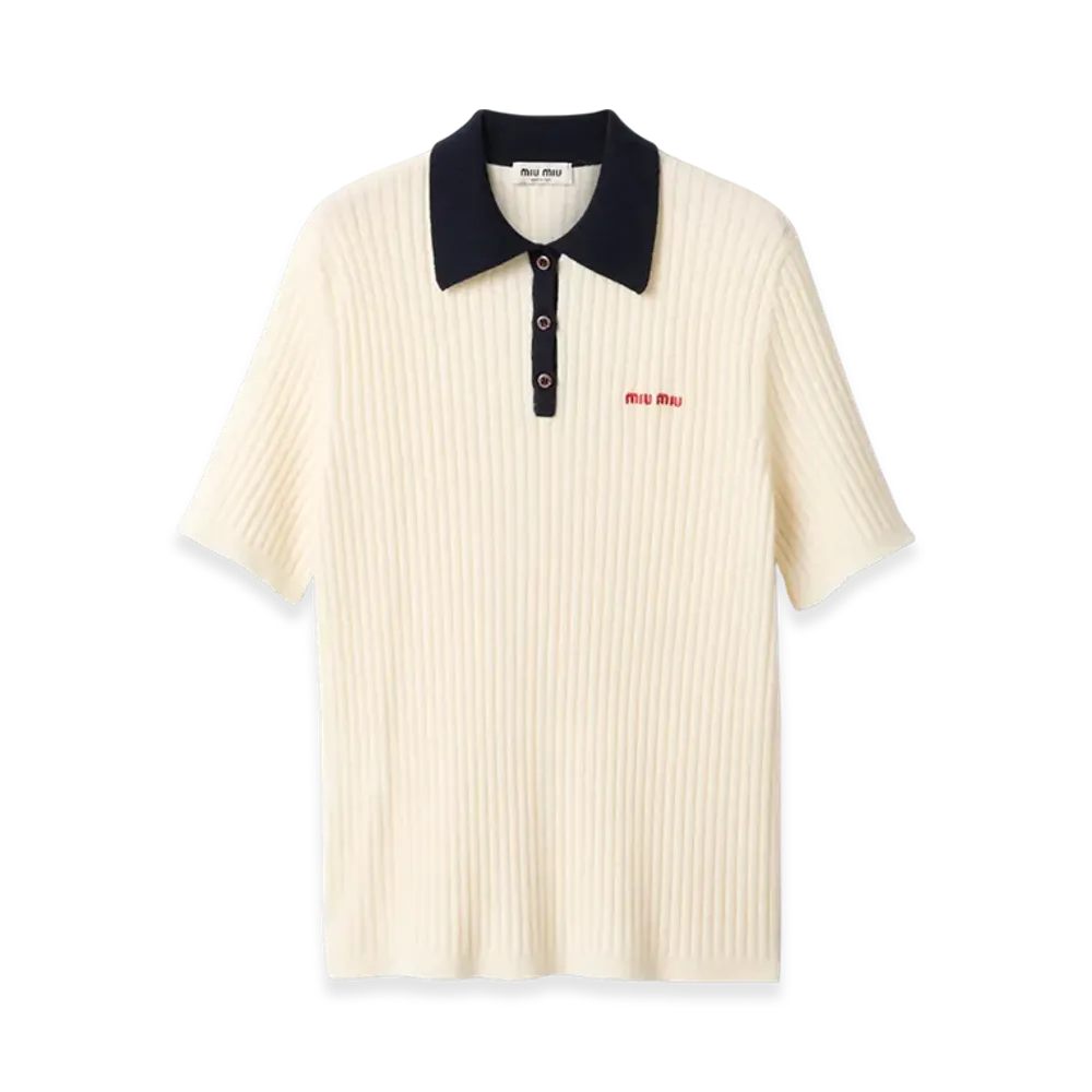 MIU MIU Women's Rib Cashmere Polo Shirt "Natural/Blue"