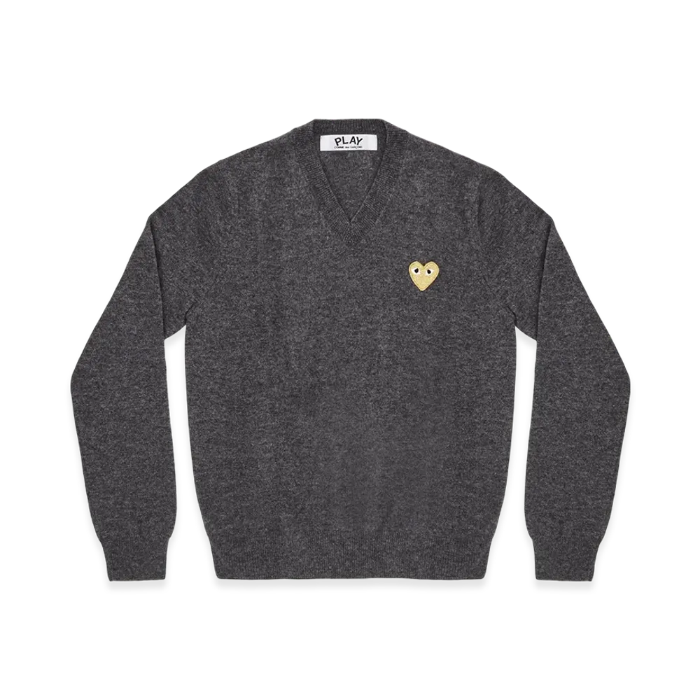 PLAY COMME des GARCONS Gold Heart V Neck Sweater Ladies "Gray"