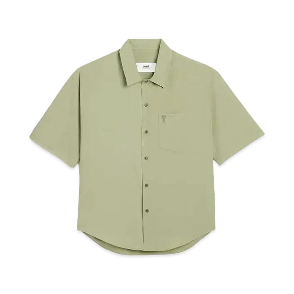 AMI PARIS Cotton Crepe Camp Collar Short Sleeve Shirt "Sage"