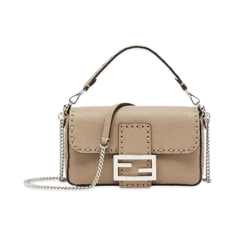 FENDI Baguette Mini Selleria Bag with 309 Hand-sewn Topstitches "Dove Gray"