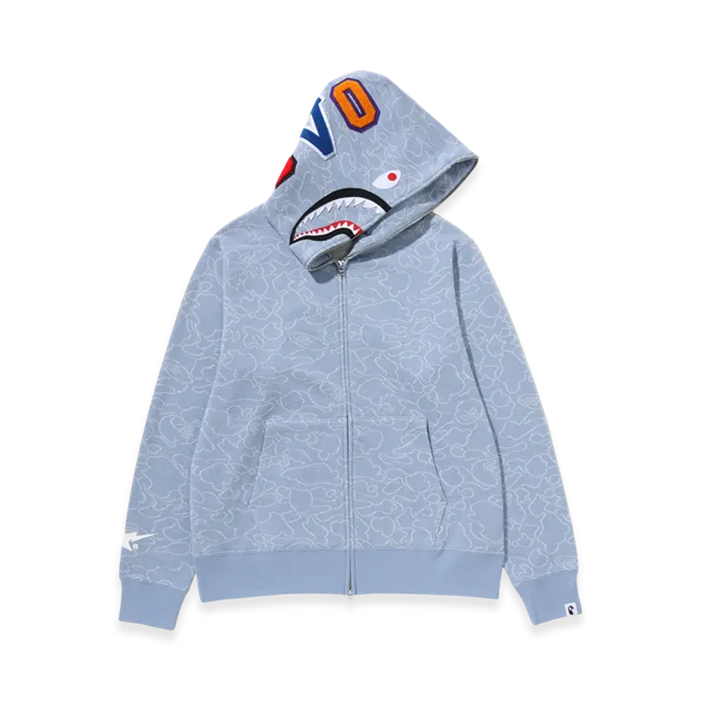 A BATHING APE x OVO Neon 1St Camo Jacquard Shark Full Zip Hoodie "Light Indigo"
