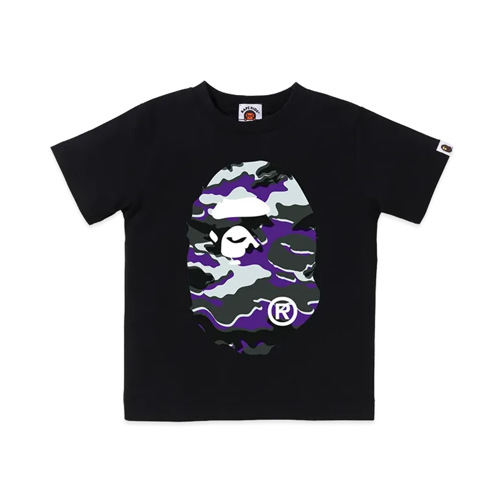 A BATHING APE Kids Glitch Woodland Camo Big Ape Head Tee "Black/Purple"