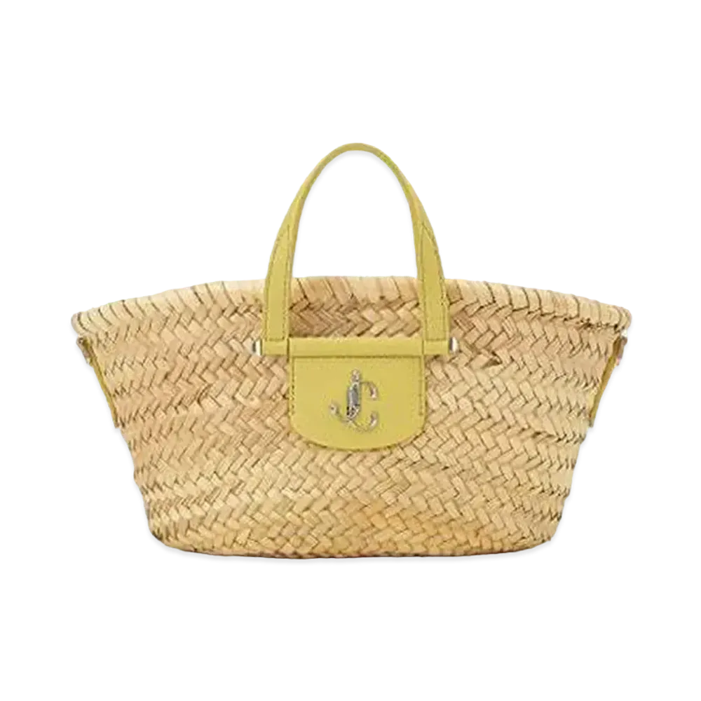 Jimmy Choo Macy Tote/S Palm Leaf Raffia And Calf Leather Tote Bag With JC Logo "Silver/Natural/Sunbleached"