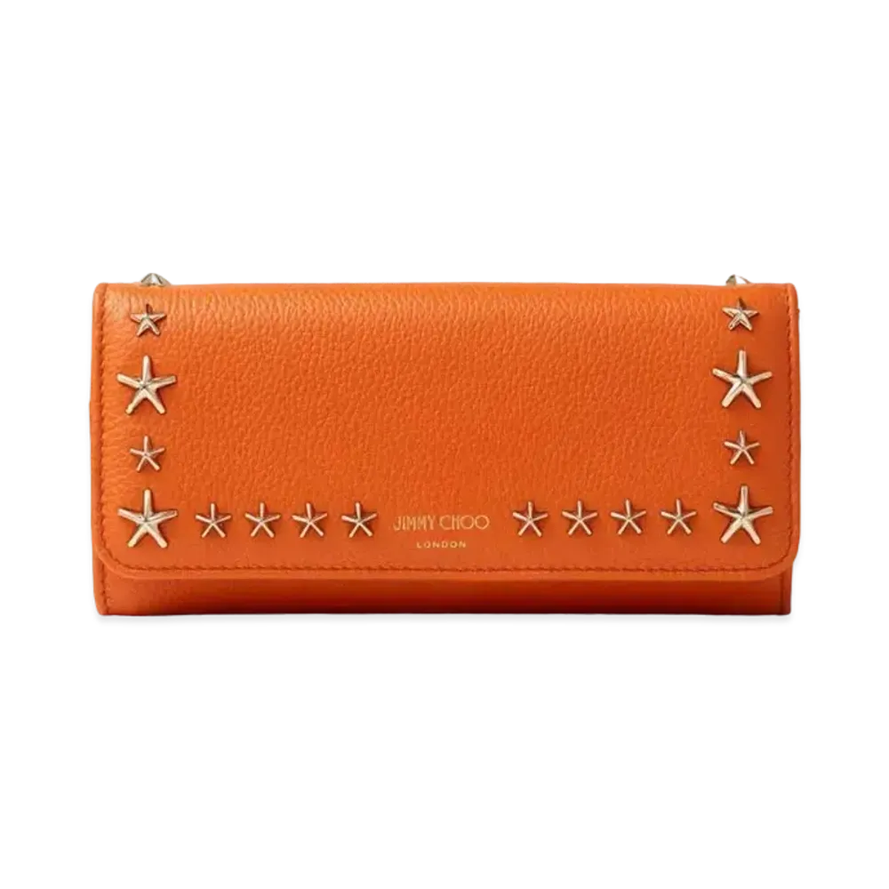 JIMMY CHOO NINO Soft Grainy Calf Leather Wallet With Star Studs "Amber Orange"