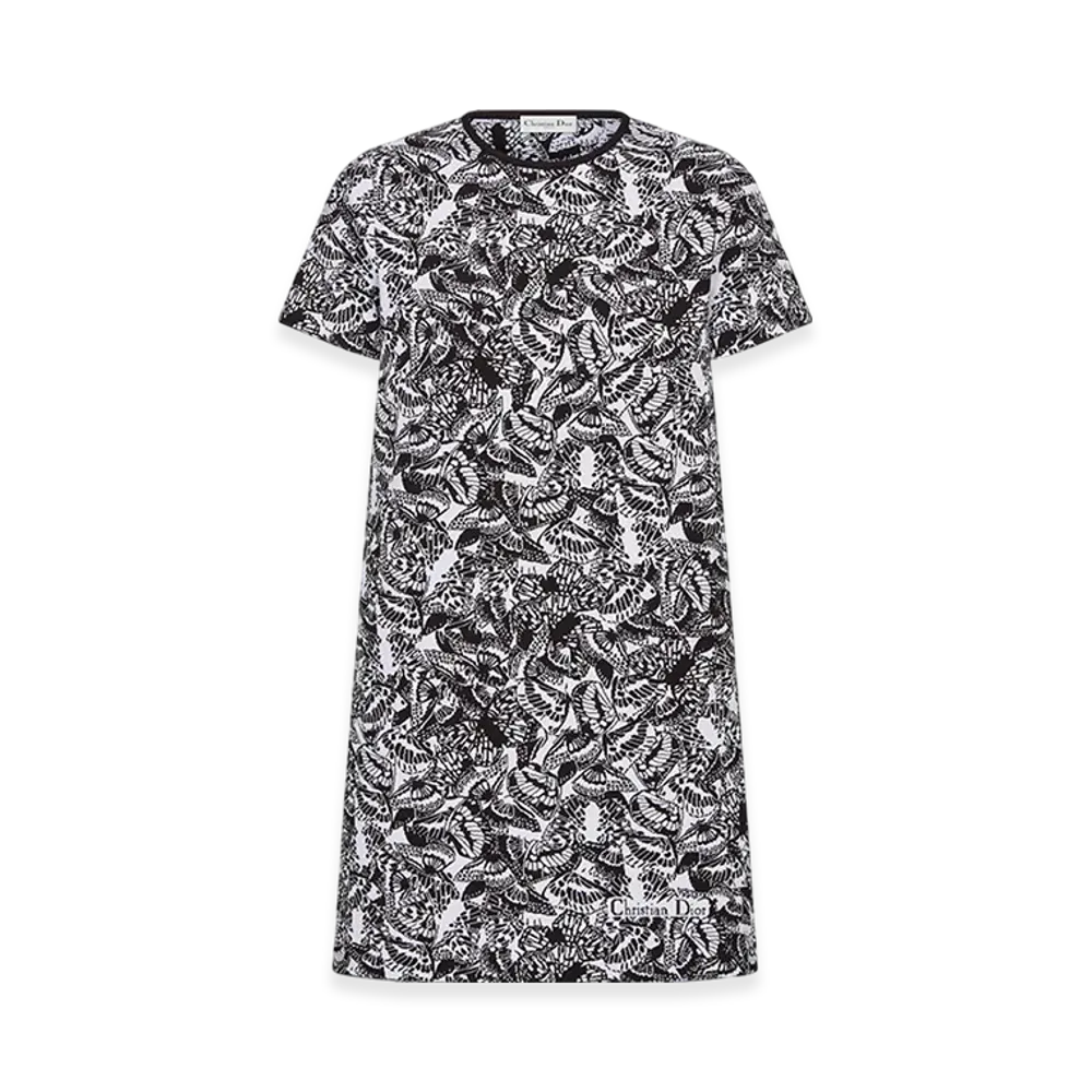 Dior Women's Straight Dress Technical Jacquard Allover Butterfly Motif "Black/White"