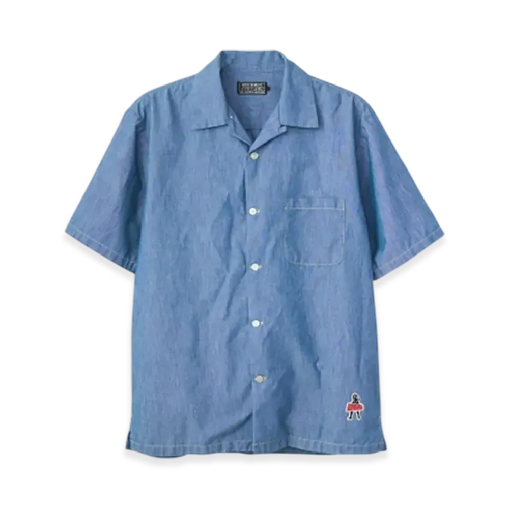 HYSTERIC GLAMOUR Vixen Girl Patch Open Collar Shirt "Blue"