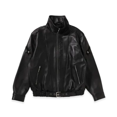 A BATHING APE Bape Black Belted Leather Biker "Black"