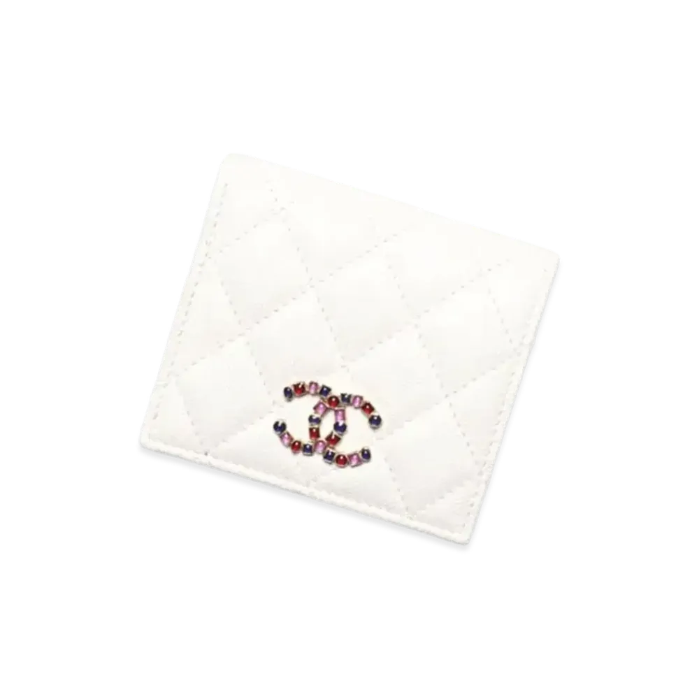 CHANEL Small Wallet Shiny Grained Calfskin Enamel Gold Tone Metal "White"