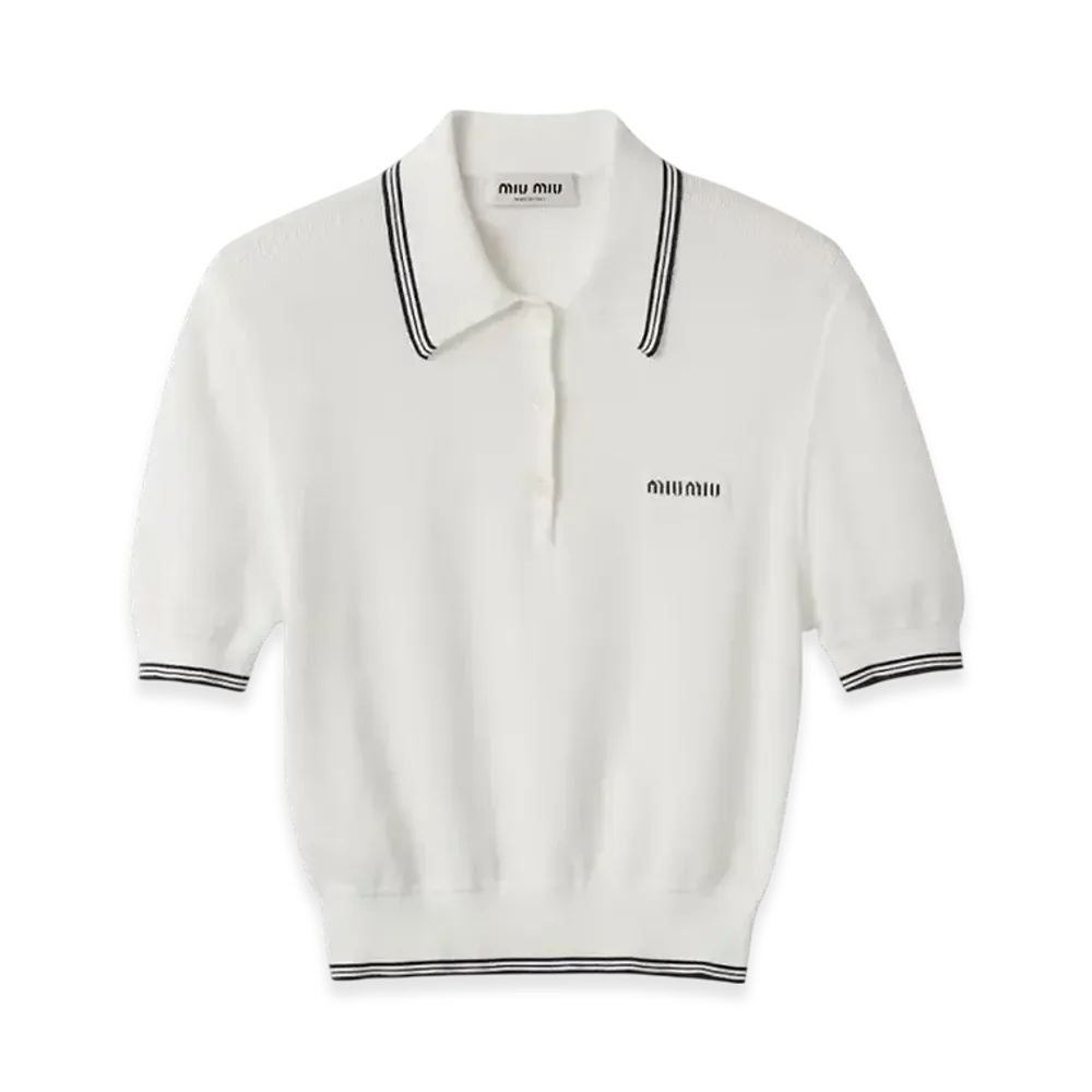 MIU MIU Women's Cotton Jersey Polo Shirt "White/Blue"