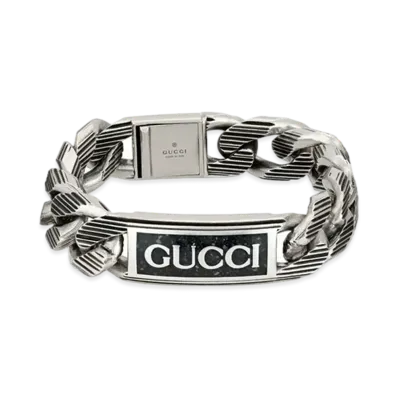 GUCCI Logo Wide Enamel Bracelet "Silver"