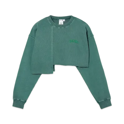 X-Girl Distressed Collar Cropped Crew Sweat Top "Green"