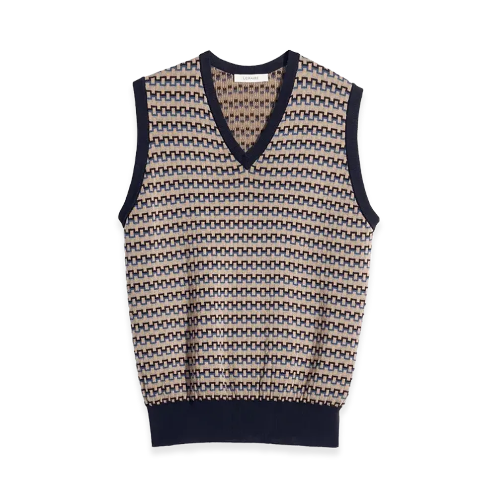 LEMAIRE Cotton V-Neck Jacquard Vest "Black/Beige/Blue"
