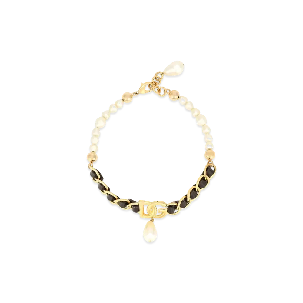 Dolce&Gabbana Choker With DG Logo, Pearl Pendant and Leather Details "Gold"