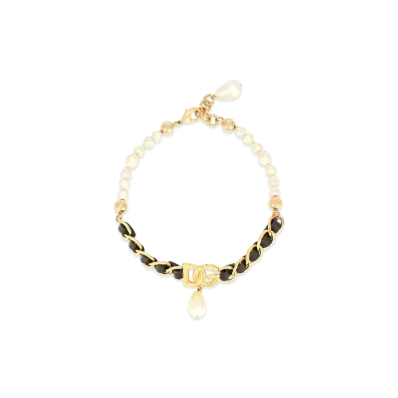Dolce&Gabbana Choker With DG Logo, Pearl Pendant and Leather Details "Gold"