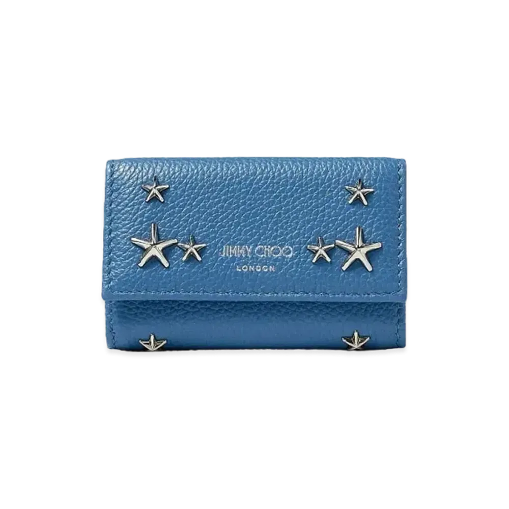 Jimmy Choo Neptune Soft Grainy Calf Leather Key Case With Star Studs "Silver/Butterfly Blue"
