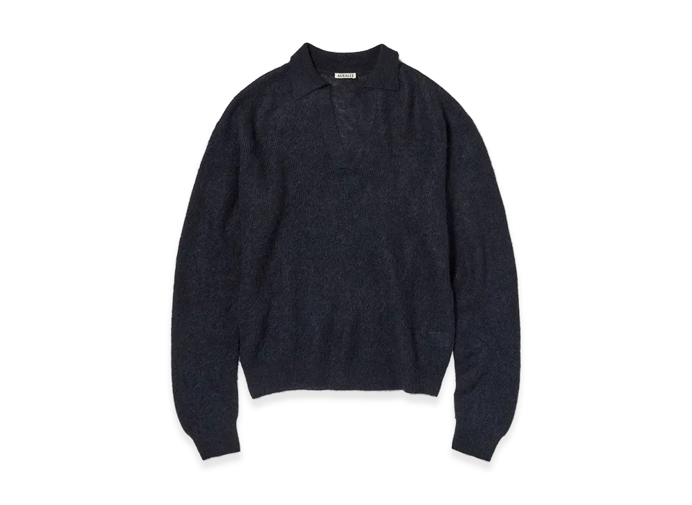 AURALEE Baby Suri Alpaca Sheer Knit Skipper Polo "Navy"