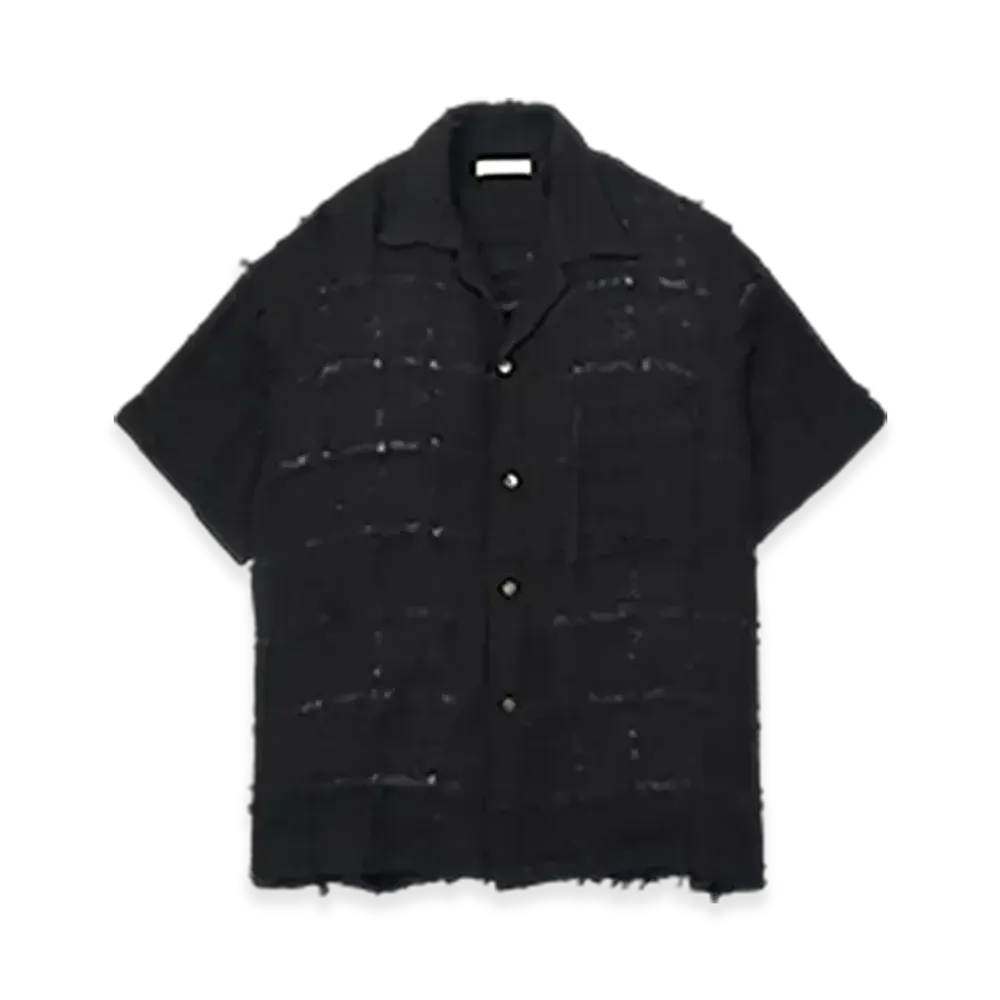 YOKE Fringe Check Tweed Open Collar Shirt "Black"