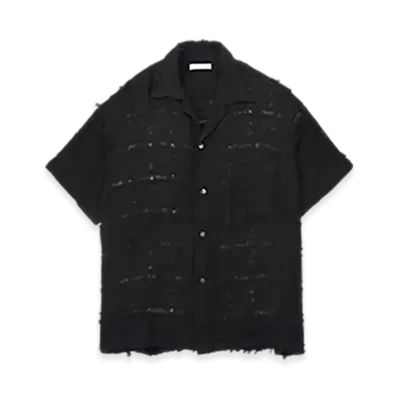 YOKE Fringe Check Tweed Open Collar Shirt "Black"
