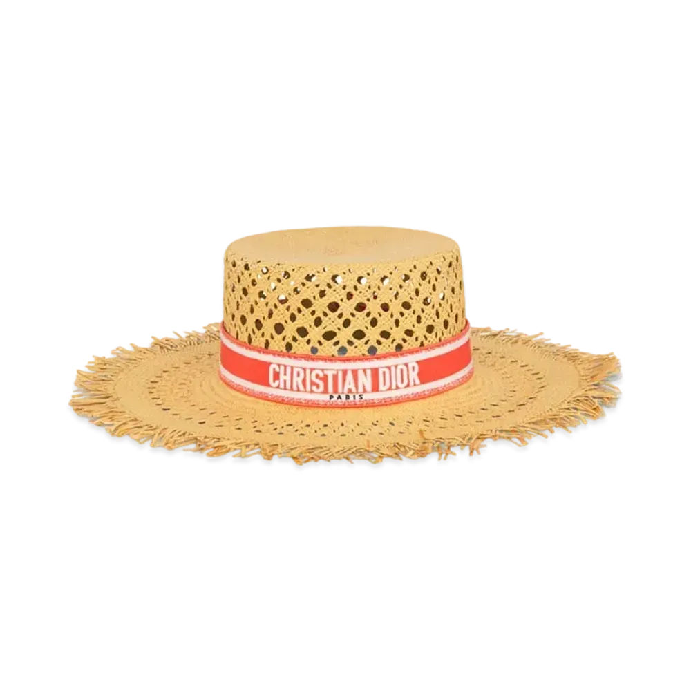 Dior Dioriviera Naughtily-D Small Brim Hat Straw with Embroidered Band "Coral/White"