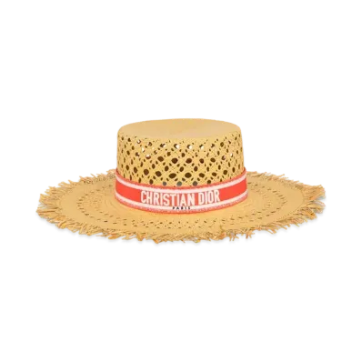 Dior Dioriviera Naughtily-D Small Brim Hat Straw with Embroidered Band "Coral/White"
