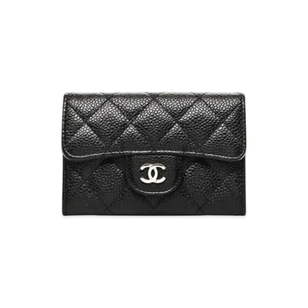 CHANEL Matelasse Caviar Skin Quilted Card Case "Black/Silver"