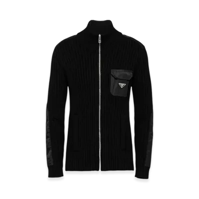PRADA Wool Cashmere Cardigan Re-Nylon Details "Black"