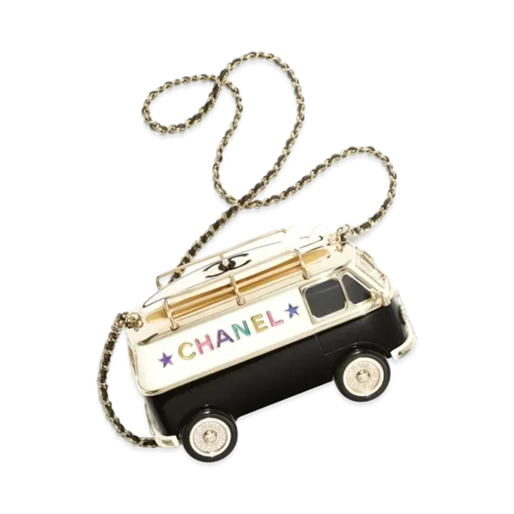 CHANEL Mini Van Minaudiere Plexi Enamel Strass & Gold Tone Metal "Black/White/Gold"