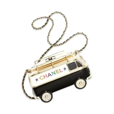 CHANEL Mini Van Minaudiere Plexi Enamel Strass & Gold Tone Metal "Black/White/Gold"