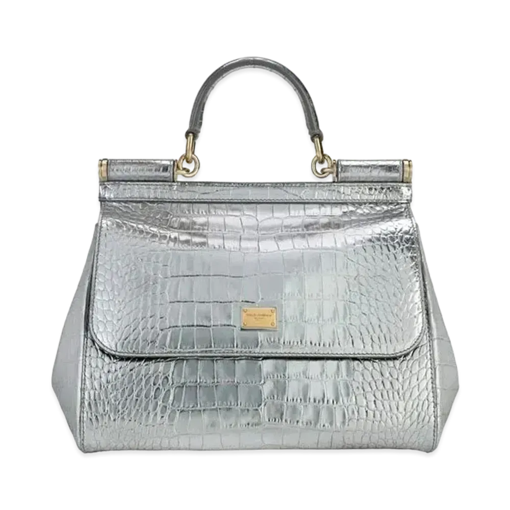 Dolce&Gabbana Sicily Bag Medium Laminated Croco Printed Calfskin "Silver"