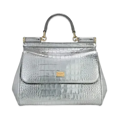 Dolce&Gabbana Sicily Bag Medium Laminated Croco Printed Calfskin "Silver"