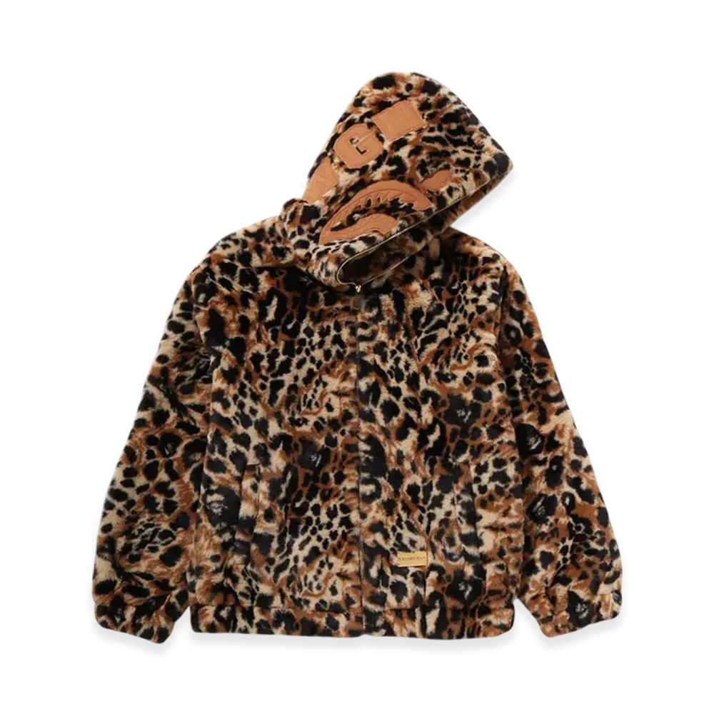 A BATHING APE Wild Leopard Pattern Faux Fur Shark Full Zip Jacket "Beige"