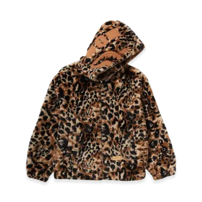A BATHING APE Wild Leopard Pattern Faux Fur Shark Full Zip Jacket "Beige"