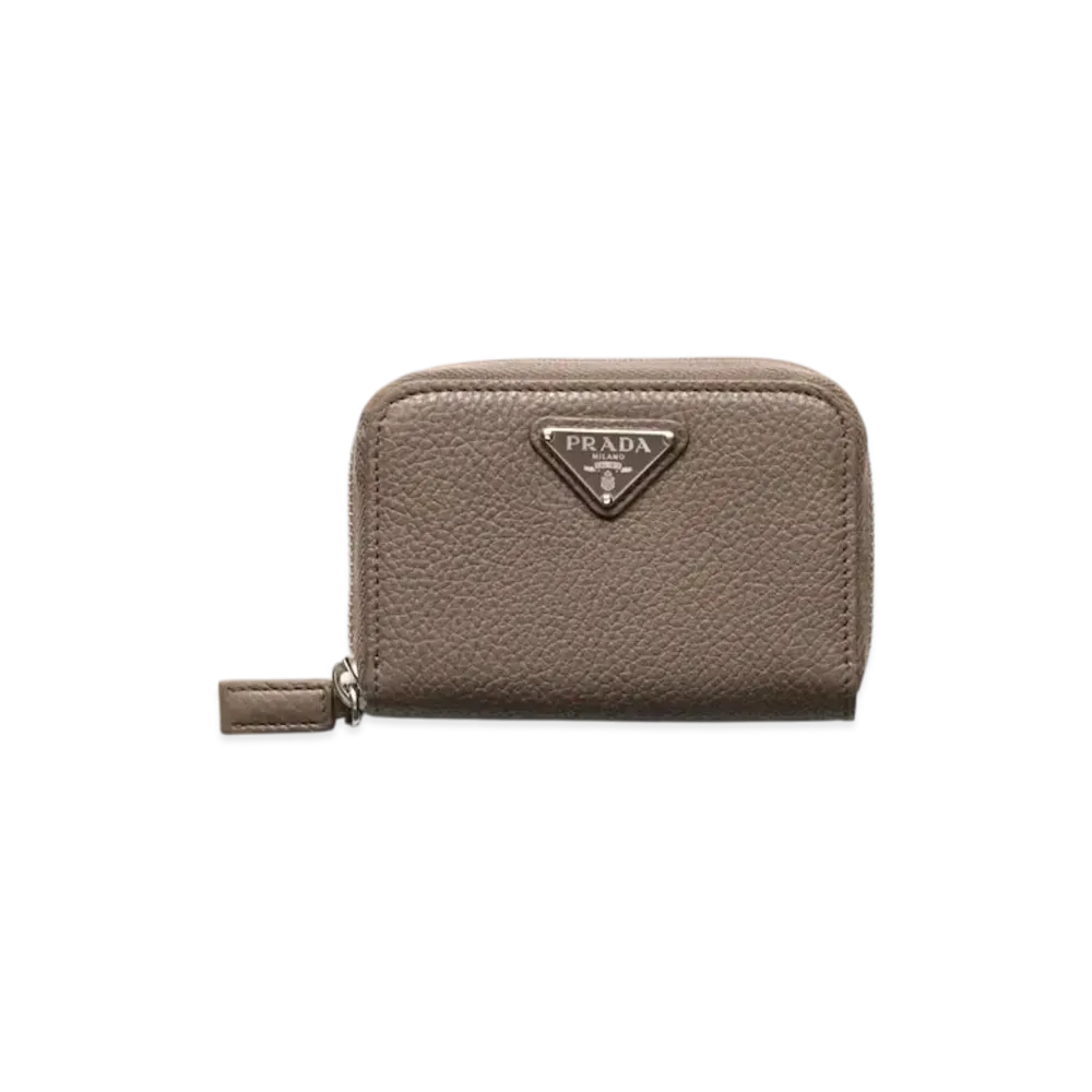 PRADA Leather Coin Purse "Gray Brown"