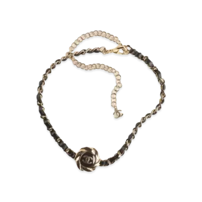 CHANEL Metal Calfskin Choker Necklace "Gold/Black"