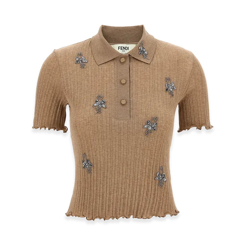 FENDI Women's Floral Embroidery Polo Shirt "Brown"