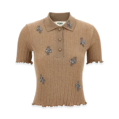 FENDI Women's Floral Embroidery Polo Shirt "Brown"