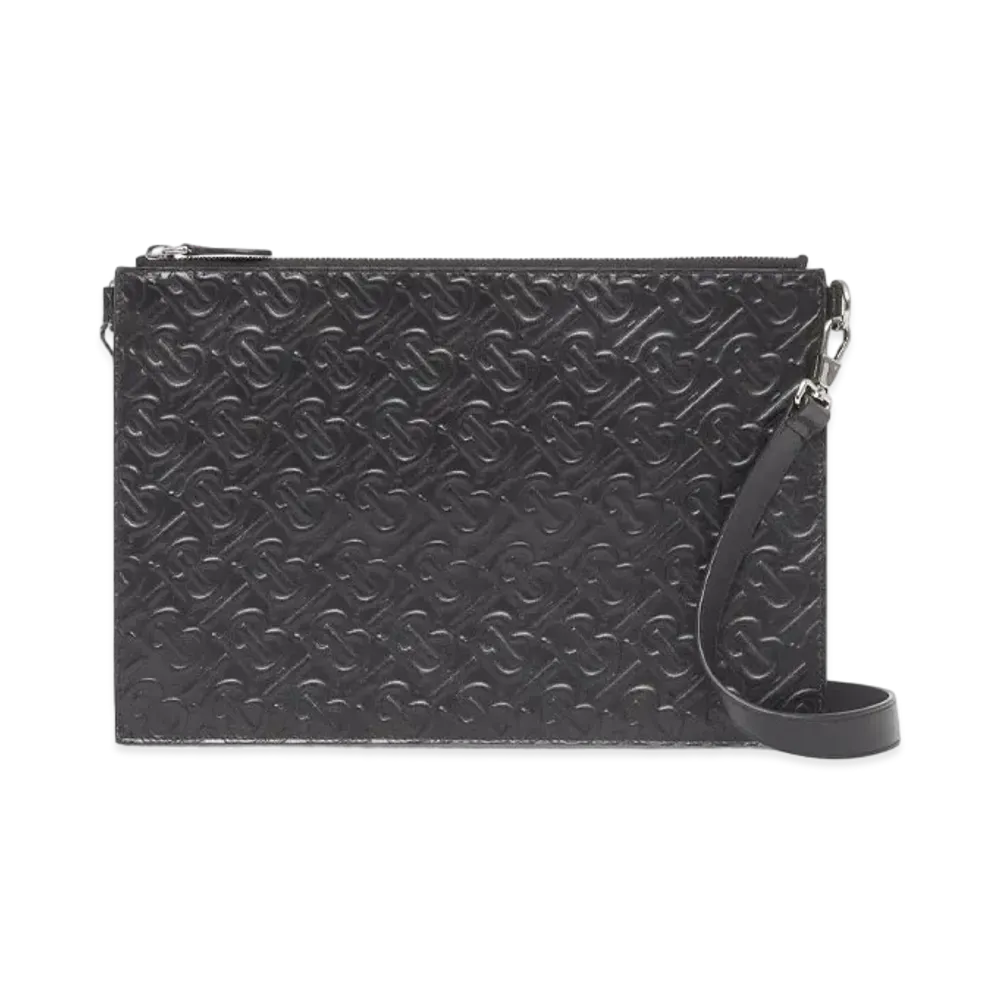 Burberry Embossed Monogram Leather Zip Pouch "Black"